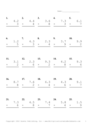 One Decimal by One Digit Problem Set J Multiplication Worksheet