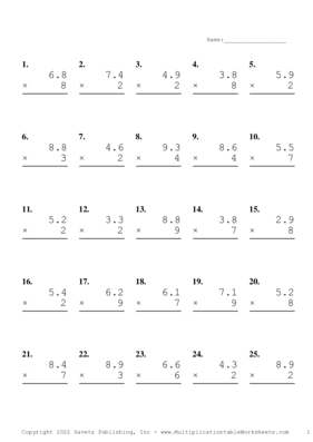 One Decimal by One Digit Problem Set N Multiplication Worksheet