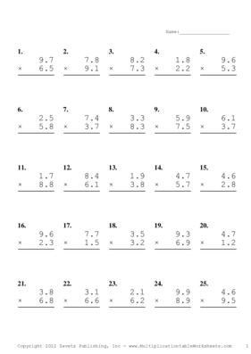 One Decimal Problem Set AE Multiplication Worksheet