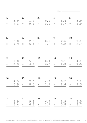 One Decimal Problem Set AG Multiplication Worksheet