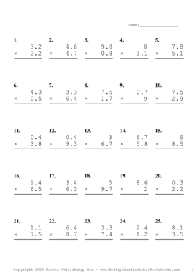 One Decimal Problem Set M Multiplication Worksheet