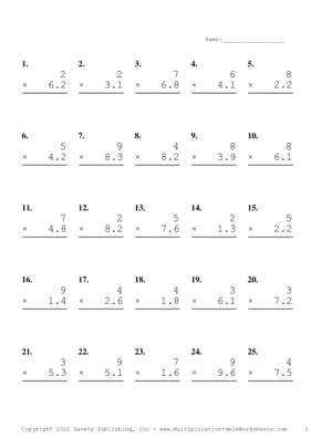 One Digit by One Decimal Problem Set V Multiplication Worksheet