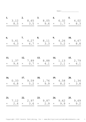 Two Decimal by One Decimal Problem Set J Multiplication Worksheet
