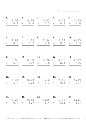 Two Decimal by One Decimal Problem Set K Multiplication Worksheet