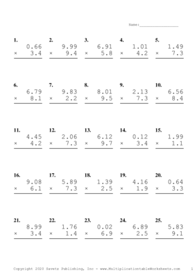 Two Decimal by One Decimal Problem Set P Multiplication Worksheet