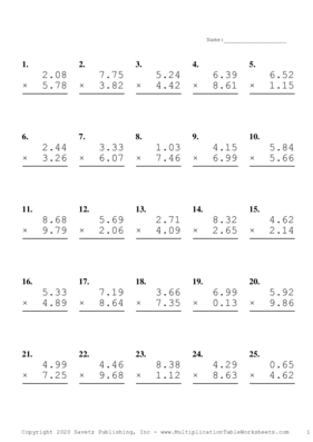 Two Decimal Problem Set I Multiplication Worksheet