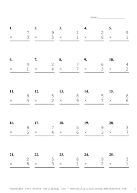 Single Digit Problem Set D Multiplication Worksheet