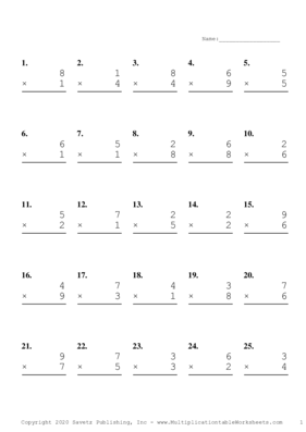 Single Digit Problem Set H Multiplication Worksheet