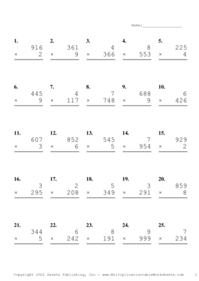 Three by One Digit Problem Set AA Multiplication Worksheet