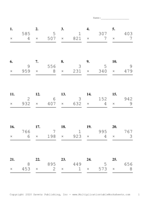 Three by One Digit Problem Set I Multiplication Worksheet