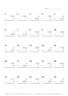 Three by One Digit Problem Set K Multiplication Worksheet