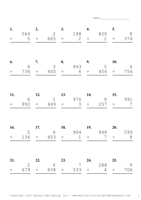Three by One Digit Problem Set M Multiplication Worksheet