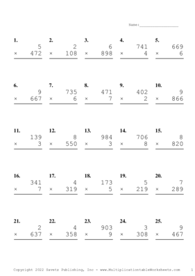 Three by One Digit Problem Set V Multiplication Worksheet