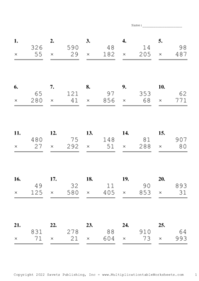 Three by Two Digit Problem Set AK Multiplication Worksheet