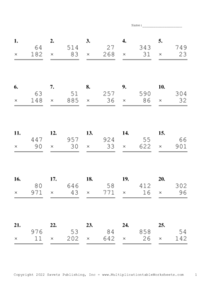 Three by Two Digit Problem Set AO Multiplication Worksheet