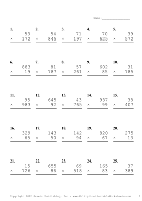 Three by Two Digit Problem Set AP Multiplication Worksheet