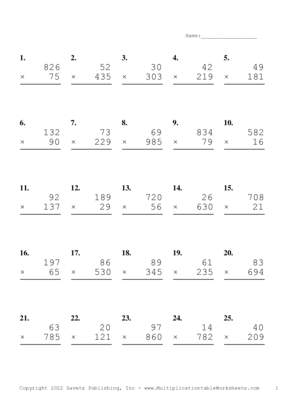 Three by Two Digit Problem Set AQ Multiplication Worksheet