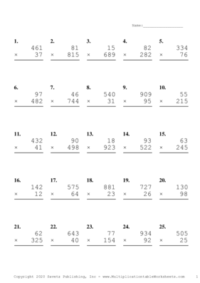 Three by Two Digit Problem Set B Multiplication Worksheet