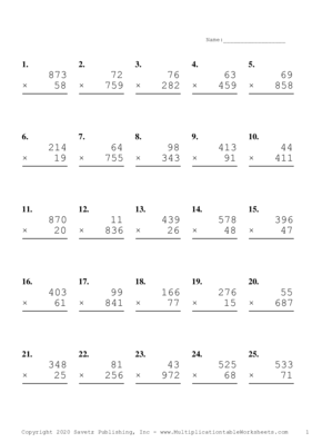 Three by Two Digit Problem Set C Multiplication Worksheet
