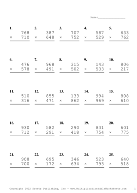 Triple Digits Problem Set AC Multiplication Worksheet