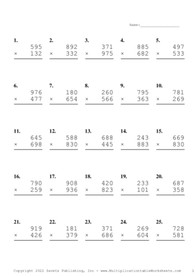 Triple Digits Problem Set AF Multiplication Worksheet