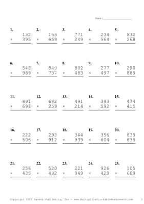 Triple Digits Problem Set AH Multiplication Worksheet