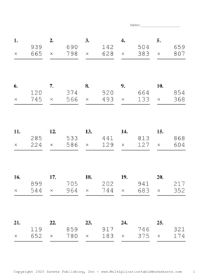 Triple Digits Problem Set L Multiplication Worksheet