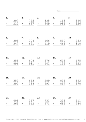 Triple Digits Problem Set U Multiplication Worksheet