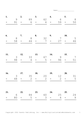 Two by One Digit Problem Set AD Multiplication Worksheet
