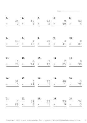 Two by One Digit Problem Set H Multiplication Worksheet