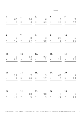 Two by One Digit Problem Set J Multiplication Worksheet