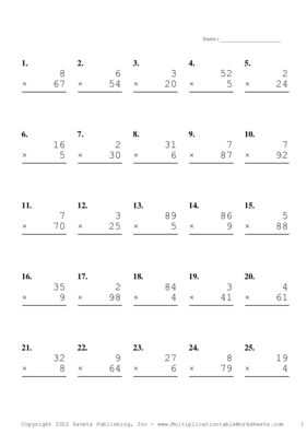 Two by One Digit Problem Set K Multiplication Worksheet
