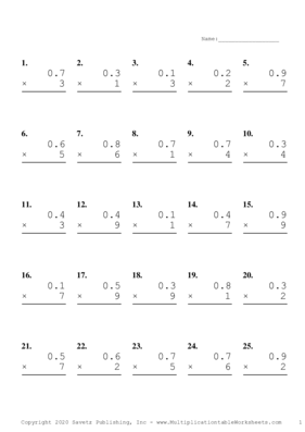 One Decimal by One Digit Problem Set A Multiplication Worksheet