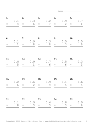 One Decimal by One Digit Problem Set E Multiplication Worksheet