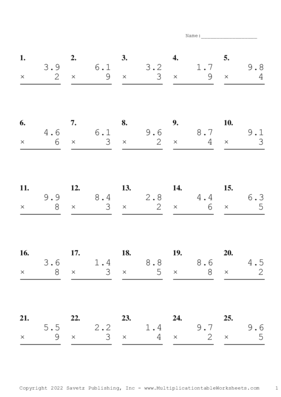 One Decimal by One Digit Problem Set F Multiplication Worksheet