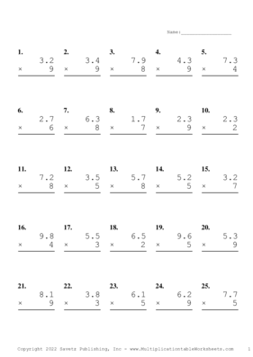 One Decimal by One Digit Problem Set G Multiplication Worksheet