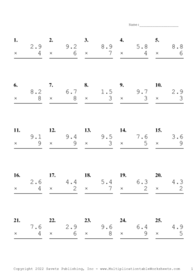One Decimal by One Digit Problem Set H Multiplication Worksheet