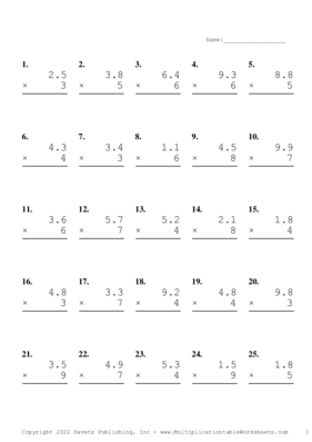 One Decimal by One Digit Problem Set I Multiplication Worksheet