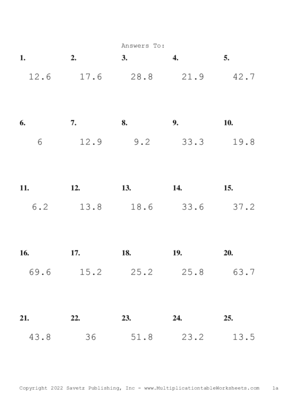 One Decimal by One Digit Problem Set J Answers