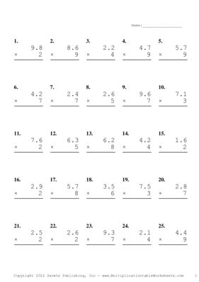 One Decimal by One Digit Problem Set K Multiplication Worksheet