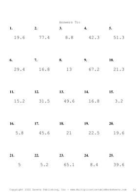 One Decimal by One Digit Problem Set K Answers