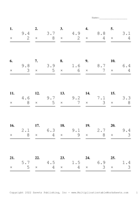 One Decimal by One Digit Problem Set L Multiplication Worksheet