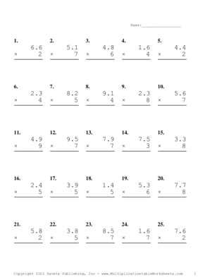 One Decimal by One Digit Problem Set O Multiplication Worksheet