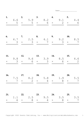 One Decimal by One Digit Problem Set P Multiplication Worksheet