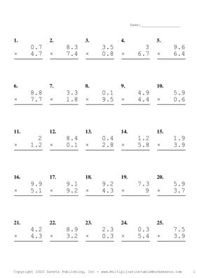 One Decimal Problem Set A Multiplication Worksheet