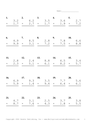 One Decimal Problem Set AA Multiplication Worksheet