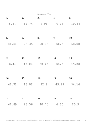 One Decimal Problem Set AA Answers