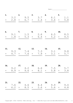 One Decimal Problem Set AB Multiplication Worksheet