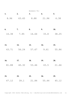 One Decimal Problem Set AB Answers