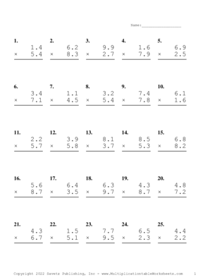 One Decimal Problem Set AC Multiplication Worksheet
